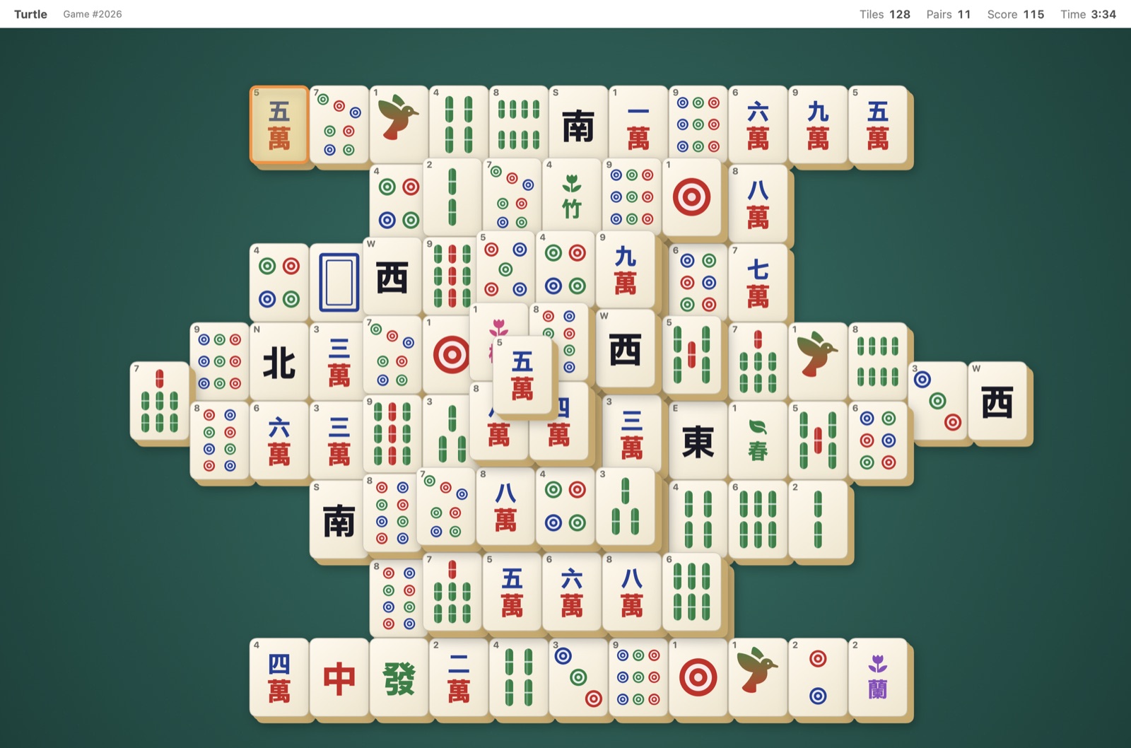 Mahjong Salon Turtle board with a selected character tile, tile count, score and timer